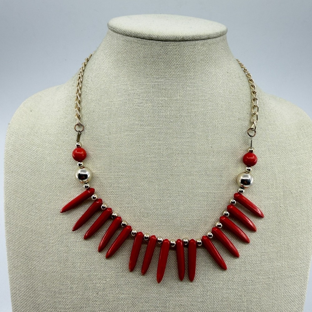 Red Spike Bead Gold Silver Tone Fringe Bib Chunky Bold Statement Necklace Gothic